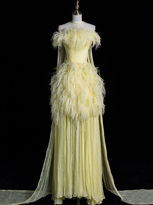 Aesthetic A line Off The Shoulder Yellow Chiffon Party Dress Long Prom Dress Evening Dresses