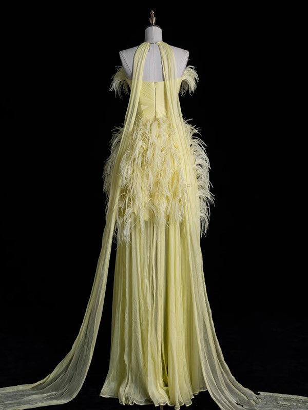 Aesthetic A line Off The Shoulder Yellow Chiffon Party Dress Long Prom Dress Evening Dresses