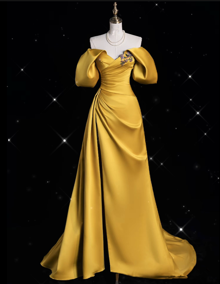 Modest A line Off The Shoulder Yellow Satin Party Dress Long Prom Dress Evening Dresses