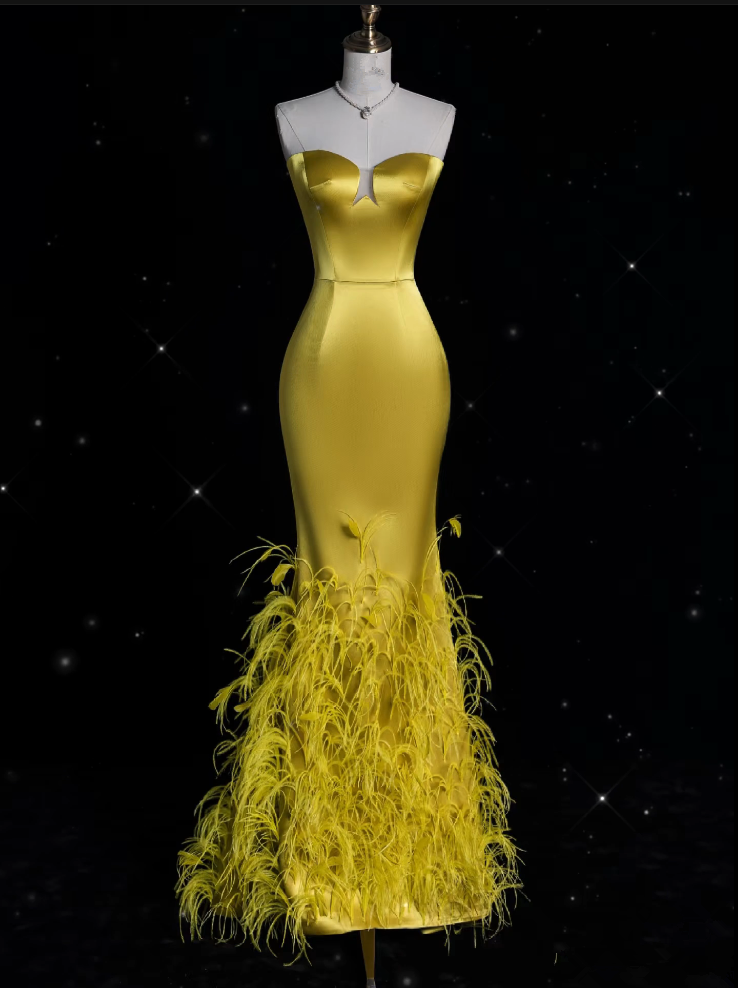 Modest Mermaid Strapless Yellow Satin Party Dress Long Prom Dress Evening Dresses