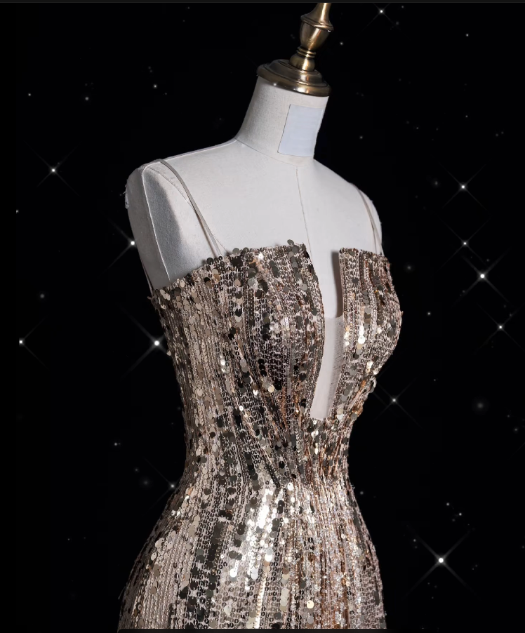 Aesthetic A line Spaghetti Straps Sequin Long Evening Dress Prom Dresses