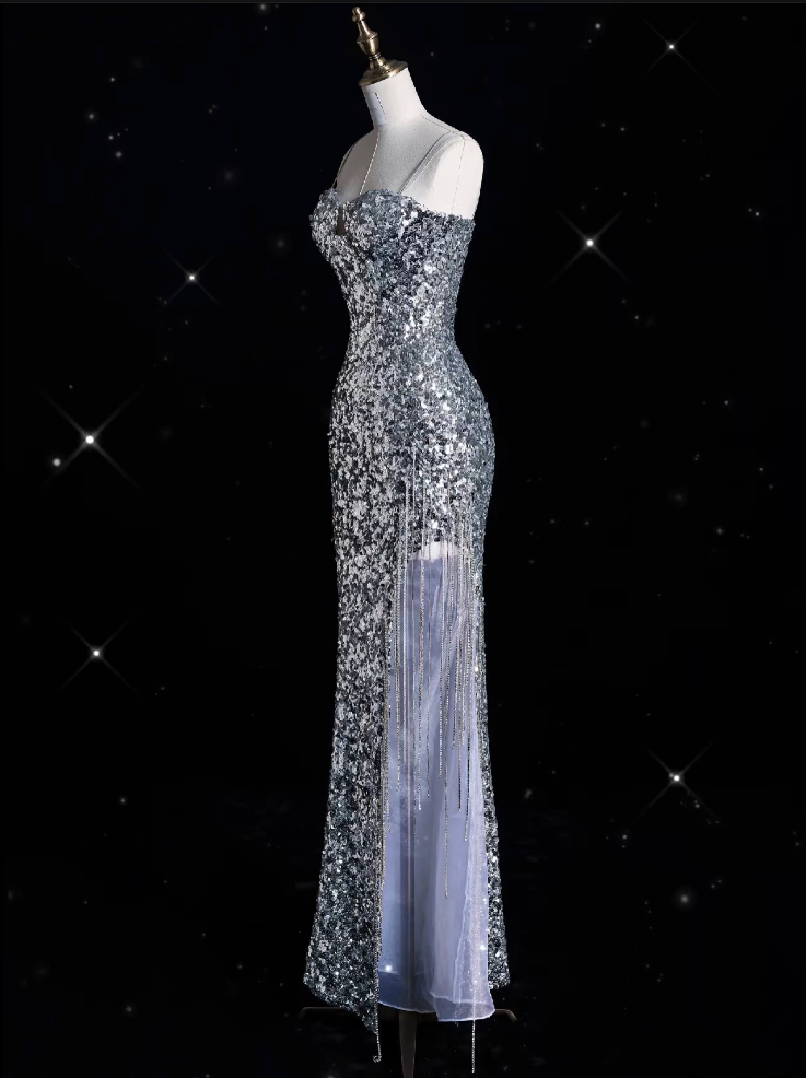 Aesthetic Sheath Spaghetti Straps Sequin Silver Long Evening Dress Prom Dresses