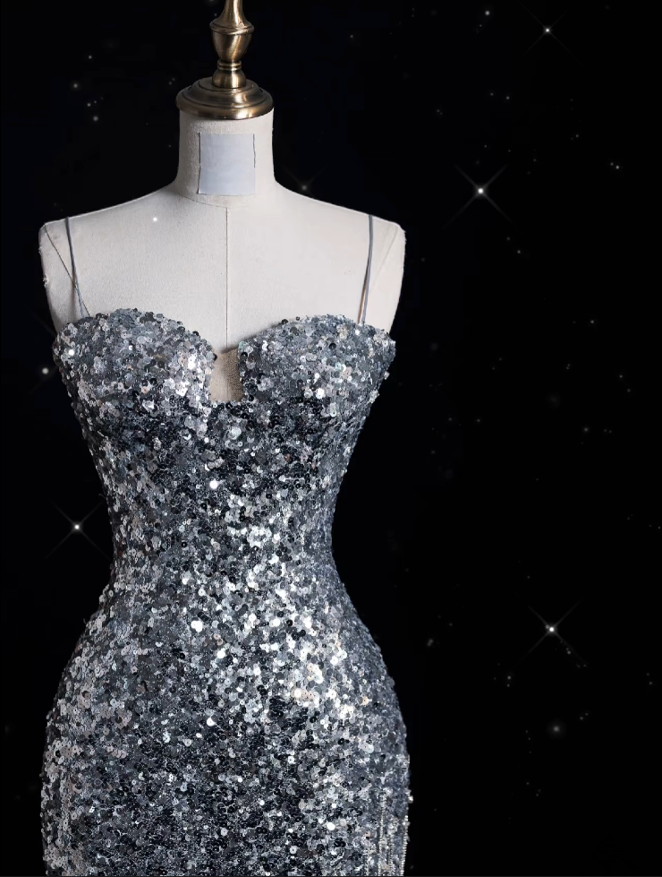 Aesthetic Sheath Spaghetti Straps Sequin Silver Long Evening Dress Prom Dresses