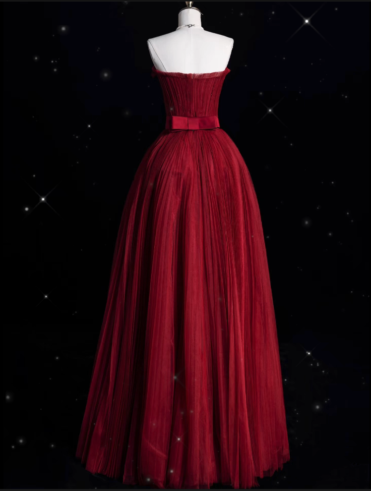 Modest A Line Strapless Burgundy Party Dress Long Prom Dress Evening Dresses