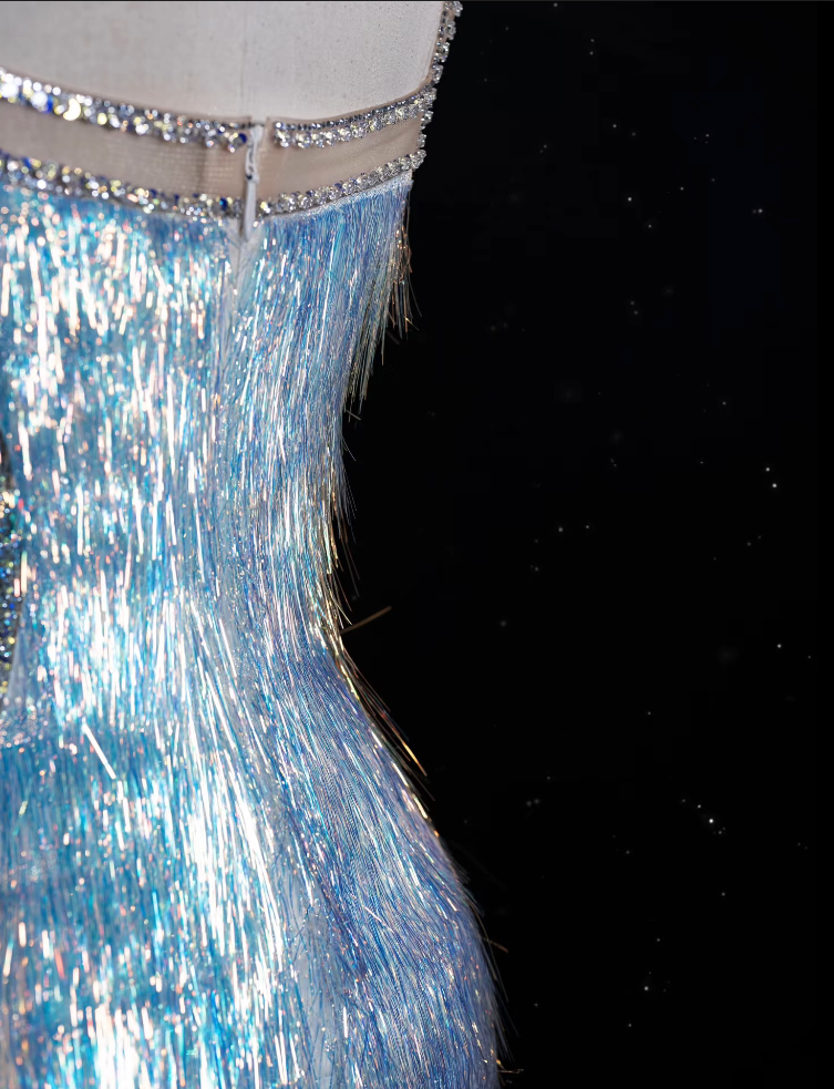 Modest Mermaid Straps Sequin Blue Party Dress Long Prom Dress Evening Dresses With Tassel