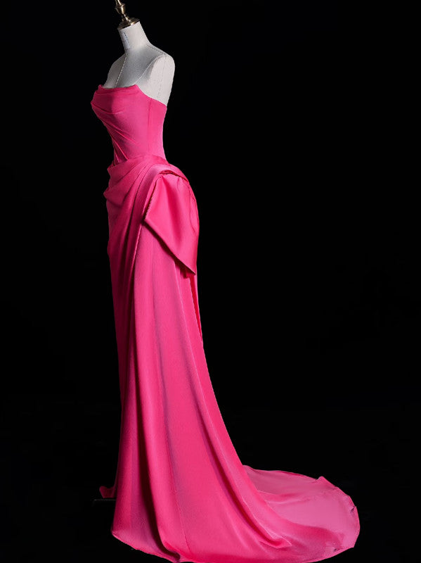 Modest Mermaid Strapless Pink Satin Party Dress Long Prom Dress Evening Dresses