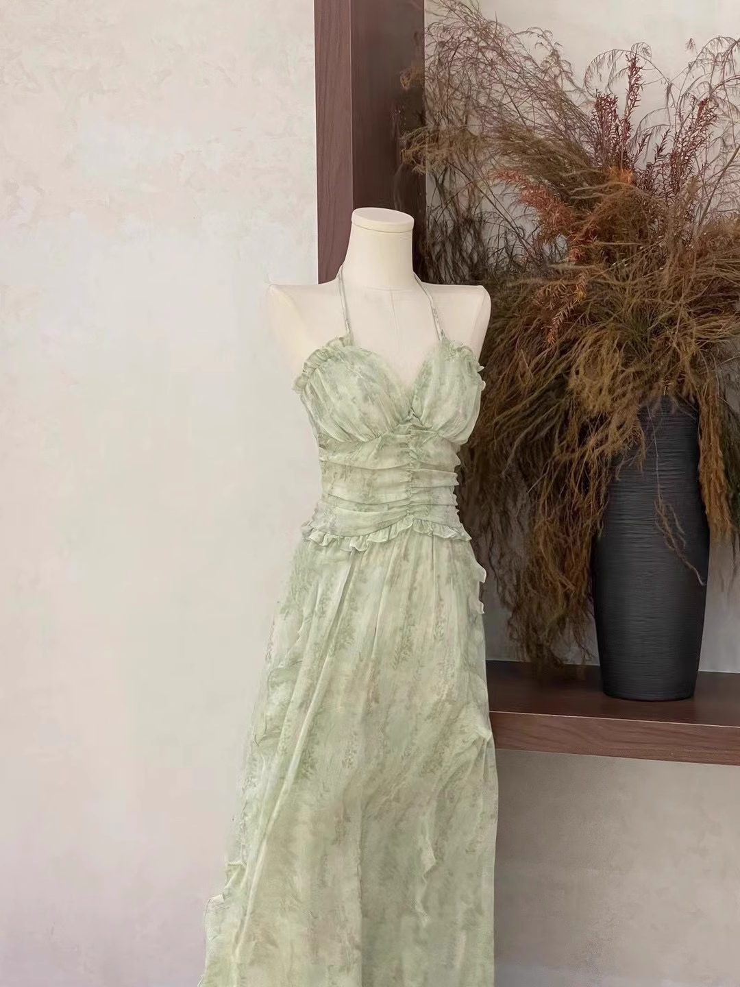Cute A line Halter Ruffled Sage Green Long Women's Vacation Holiday Dresses