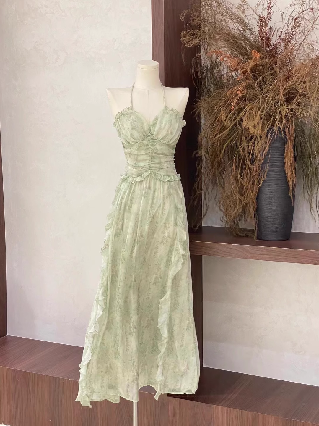 Cute A line Halter Ruffled Sage Green Long Women's Vacation Holiday Dresses