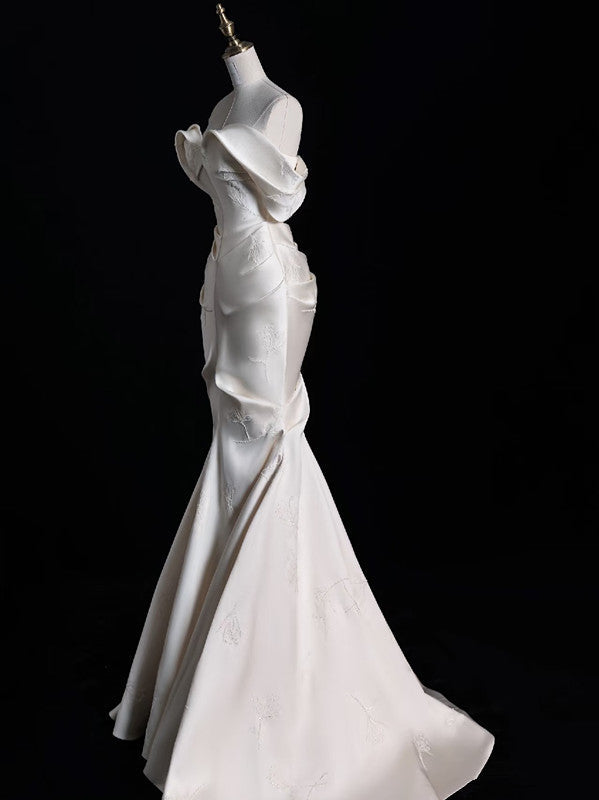 Sexy Mermaid Off The Shoulder Ivory Satin Long Wedding Dresses Brides Dress