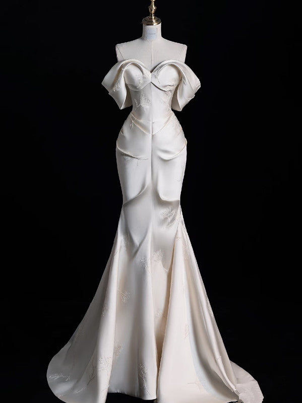 Sexy Mermaid Off The Shoulder Ivory Satin Long Wedding Dresses Brides Dress