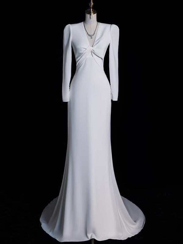 Sexy Mermaid V Neckline Long Sleeves White Satin Wedding Dresses Brides Dress