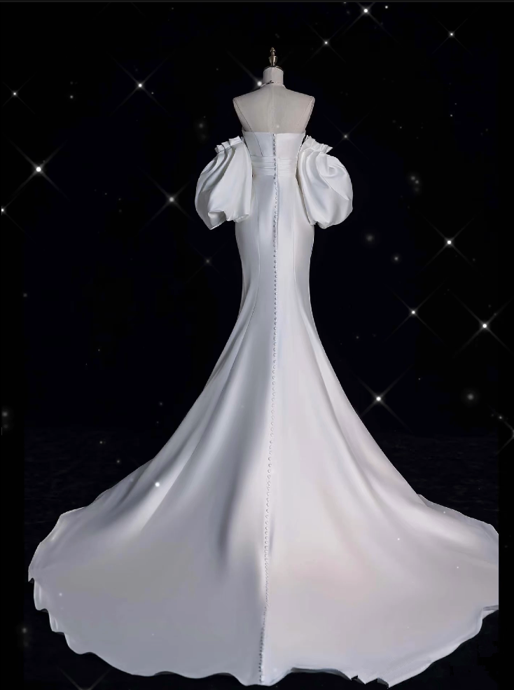 Sexy Mermaid Strapless Short Sleeves White Satin Wedding Dresses Brides Dress