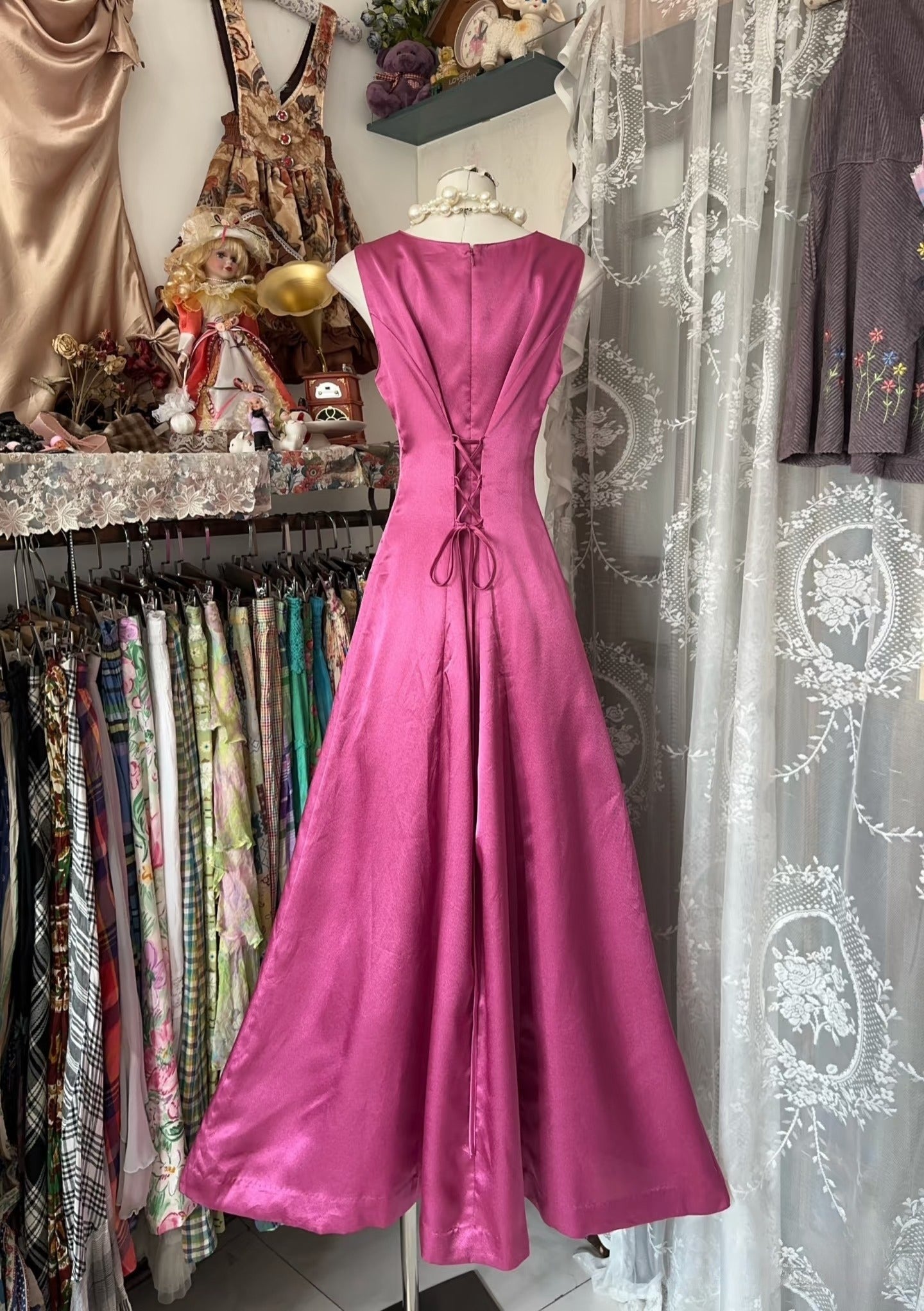 Vintage Fashion A line Floor Length Pink Satin Evening Dress Prom Dresses