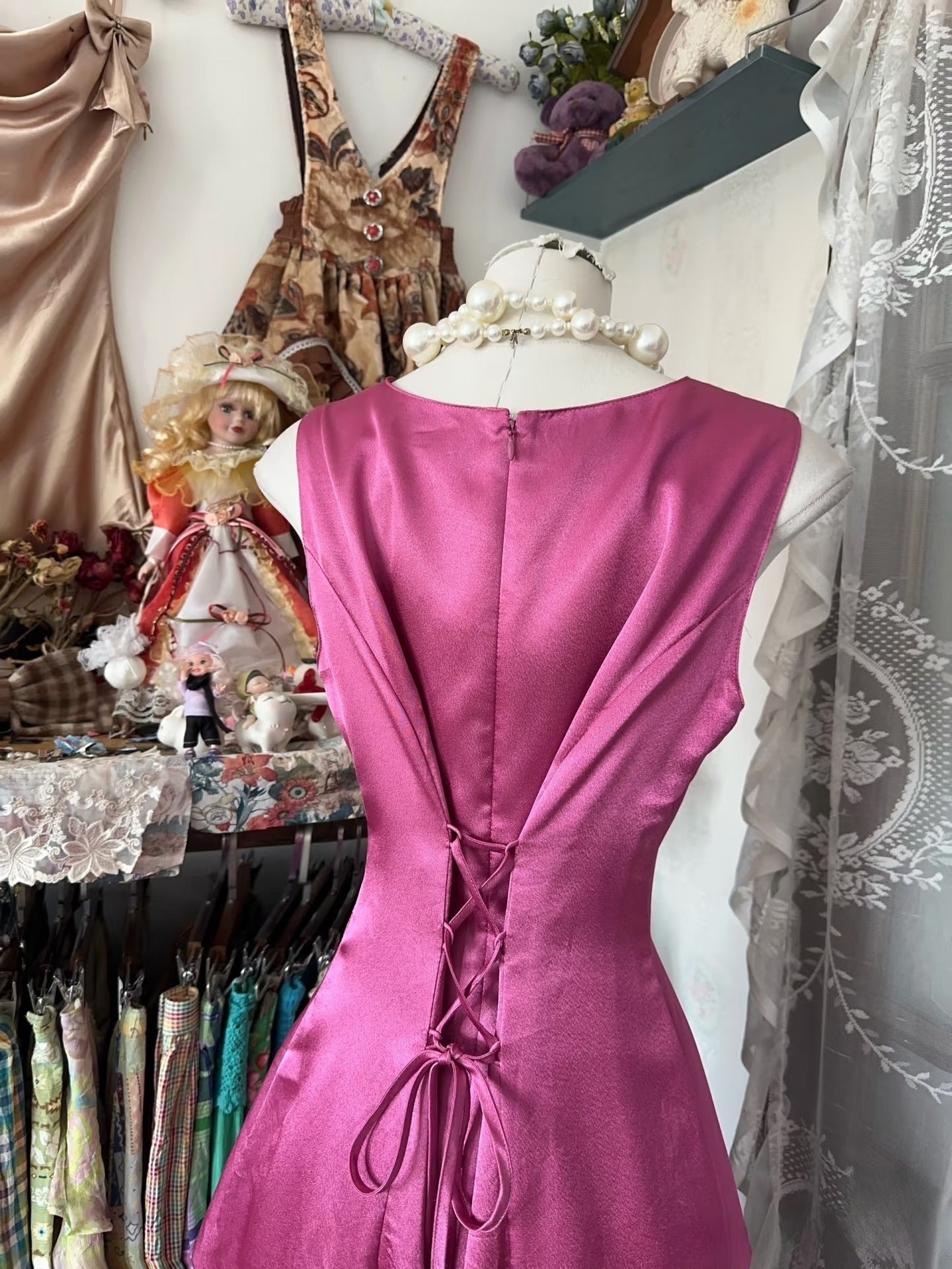 Vintage Fashion A line Floor Length Pink Satin Evening Dress Prom Dresses