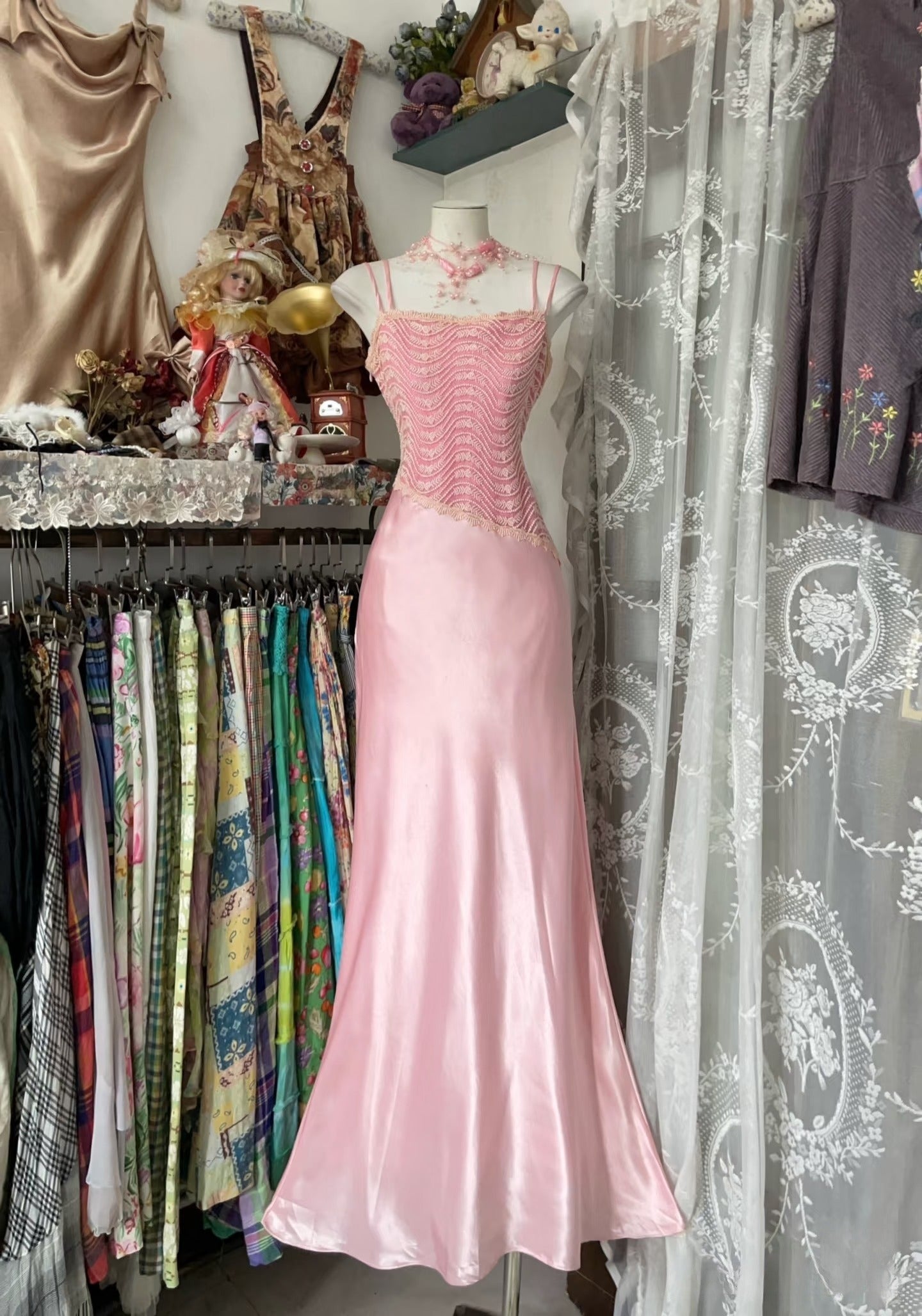Vintage Fashion Mermaid Straps Floor Length Pink Lace Evening Dress Prom Dresses
