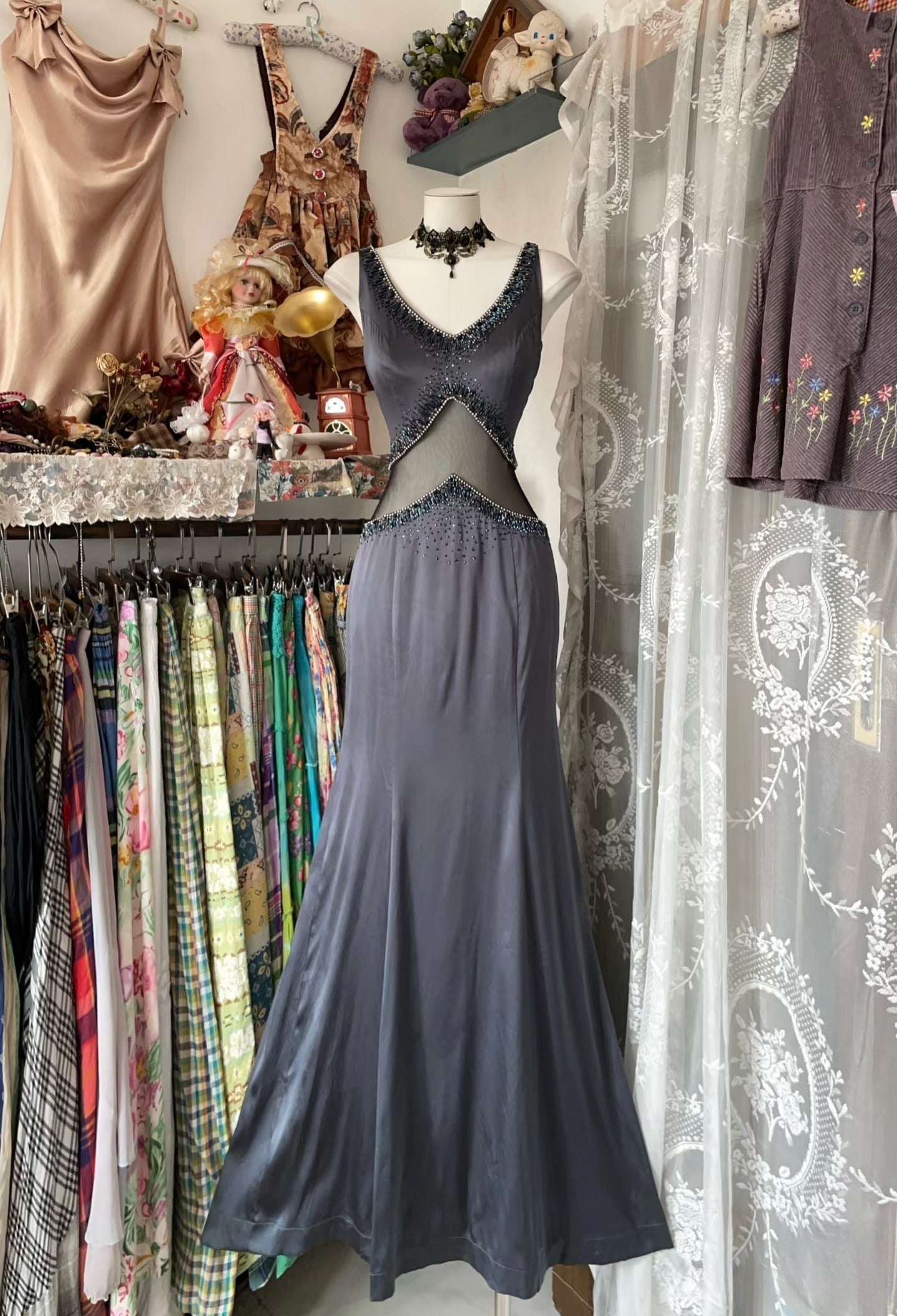 Vintage Fashion Mermaid Straps Floor Length Gray Satin Evening Dress Prom Dresses