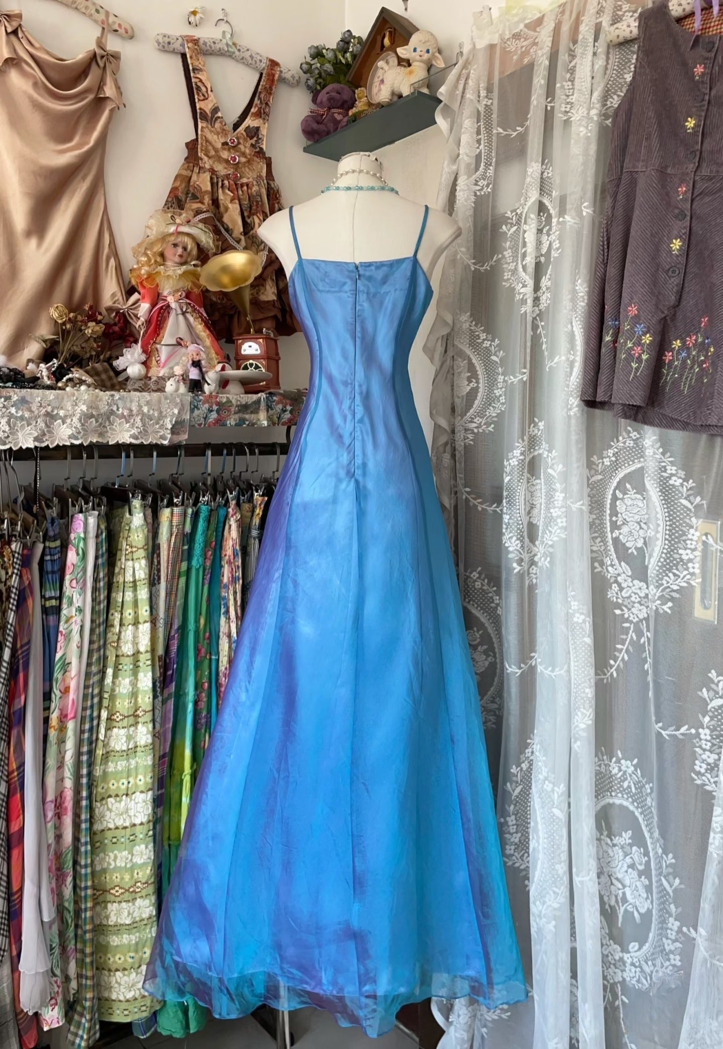 Vintage Fashion Mermaid Spaghetti Straps Blue Floor Length Evening Dress Prom Dresses