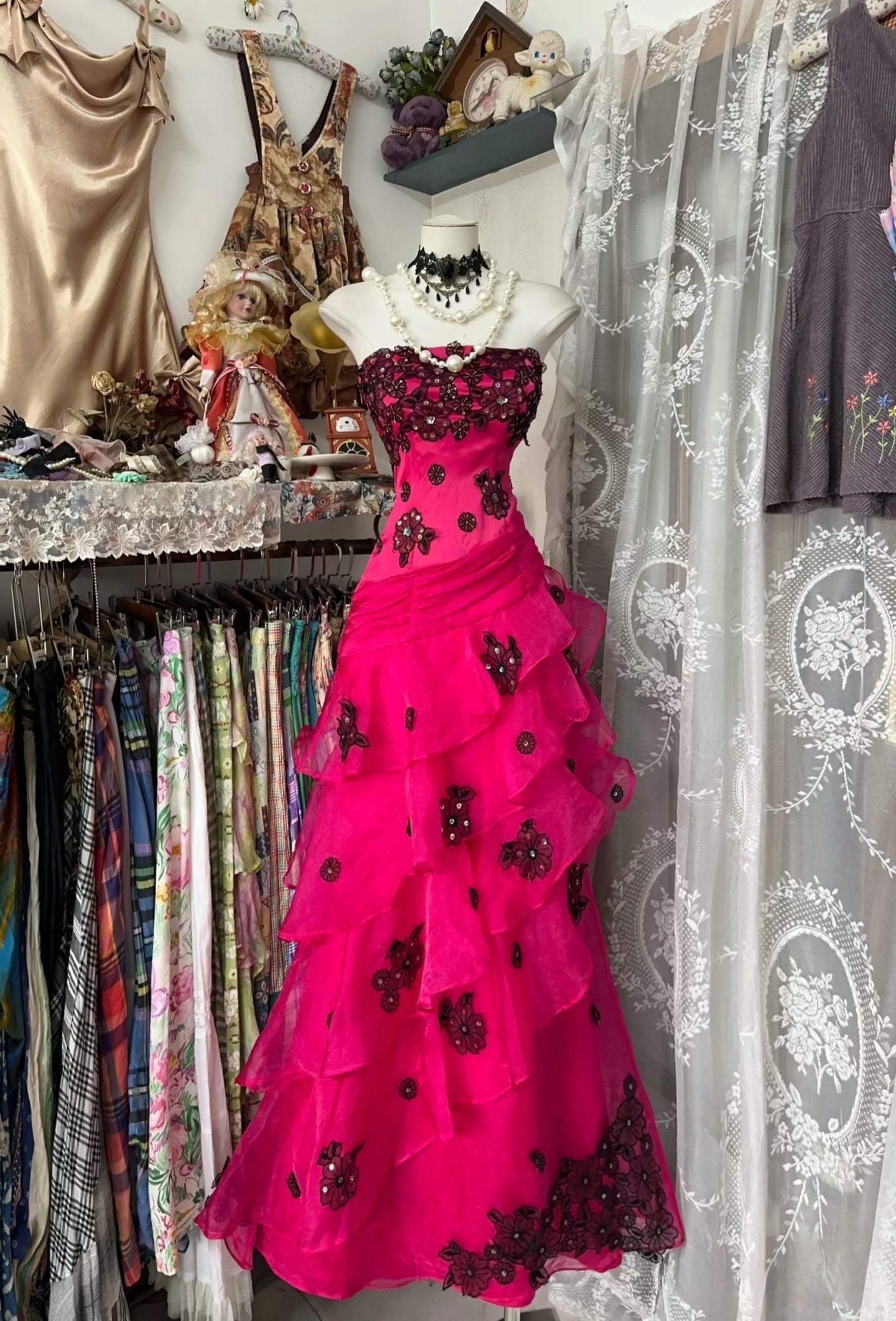 Vintage Fashion Mermaid Strapless Hot Pink Floor Length Evening Dress Prom Dresses