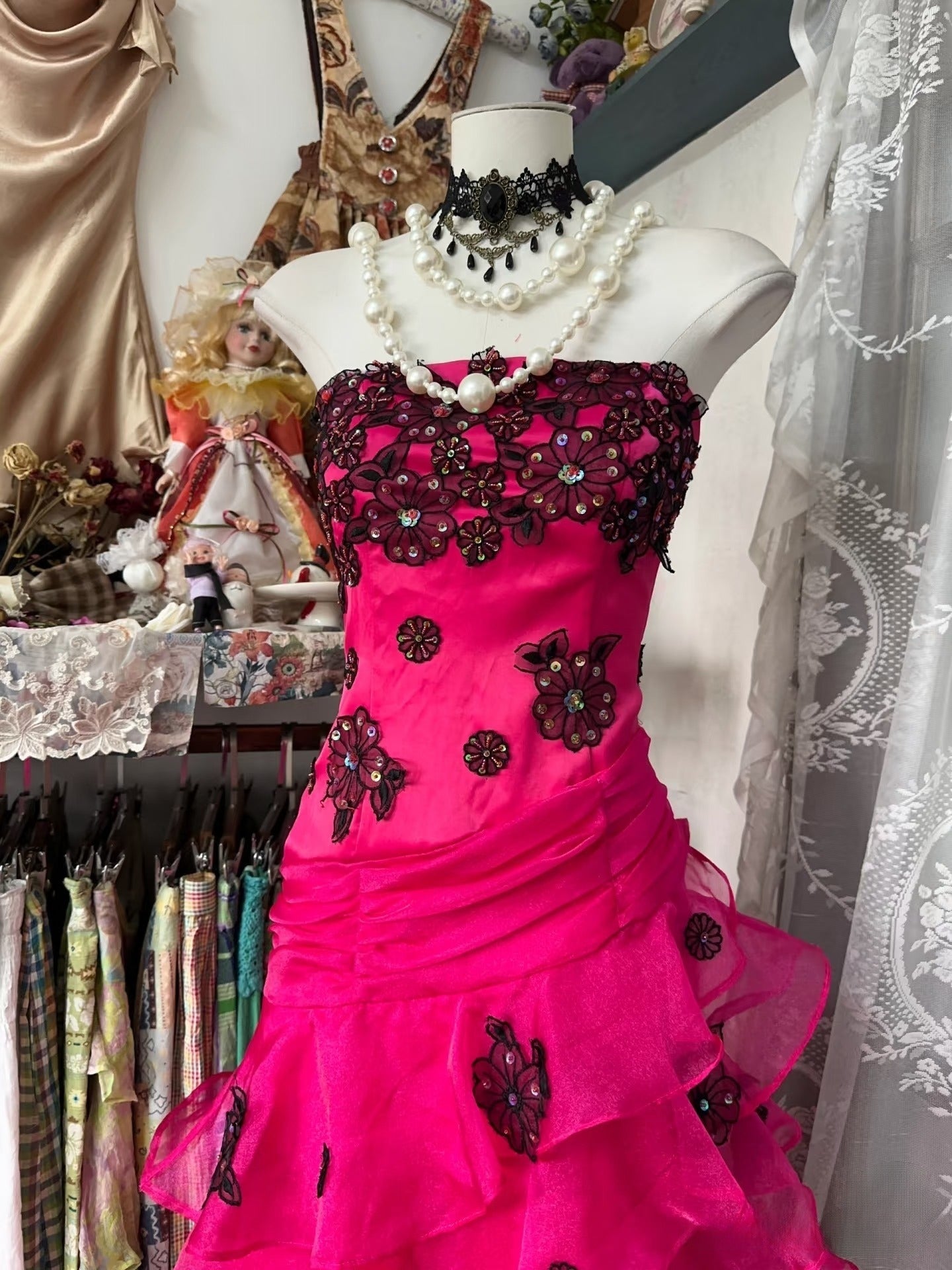 Vintage Fashion Mermaid Strapless Hot Pink Floor Length Evening Dress Prom Dresses