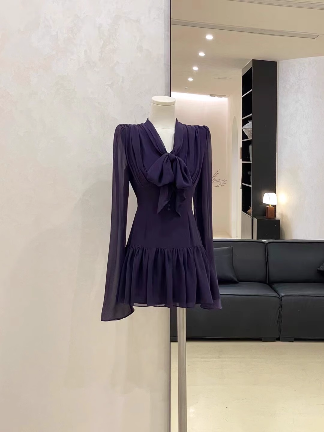 Cute A line V Neckline Ruffled Grape Short Long Sleeve Women Dresses