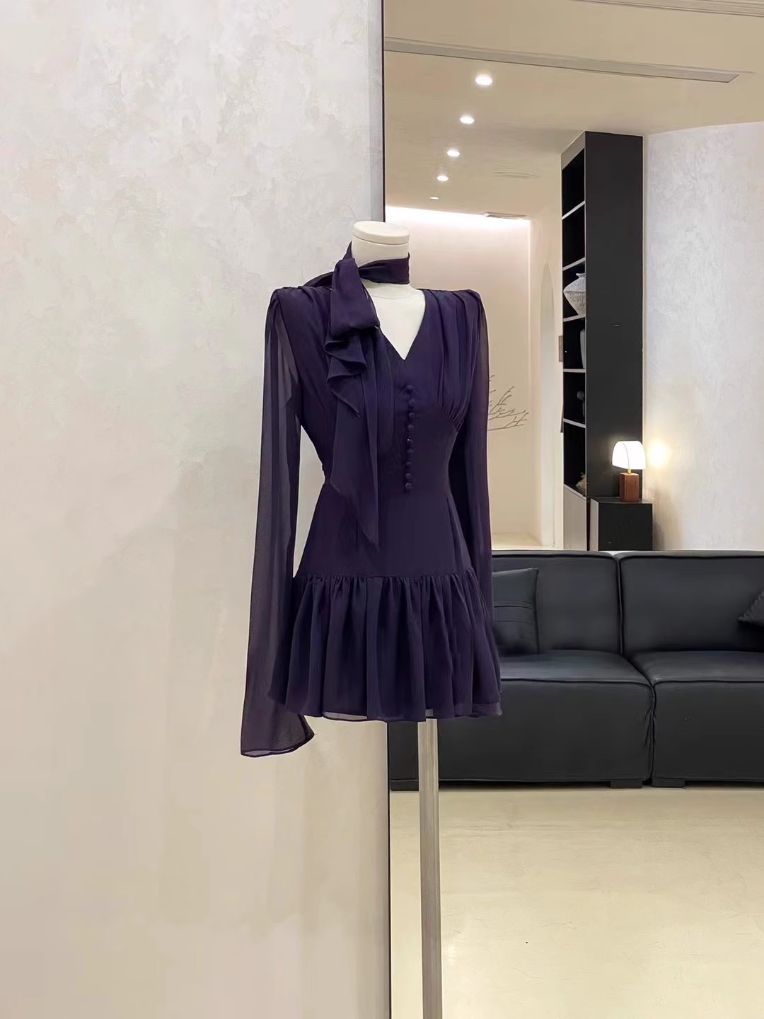 Cute A line V Neckline Ruffled Grape Short Long Sleeve Women Dresses