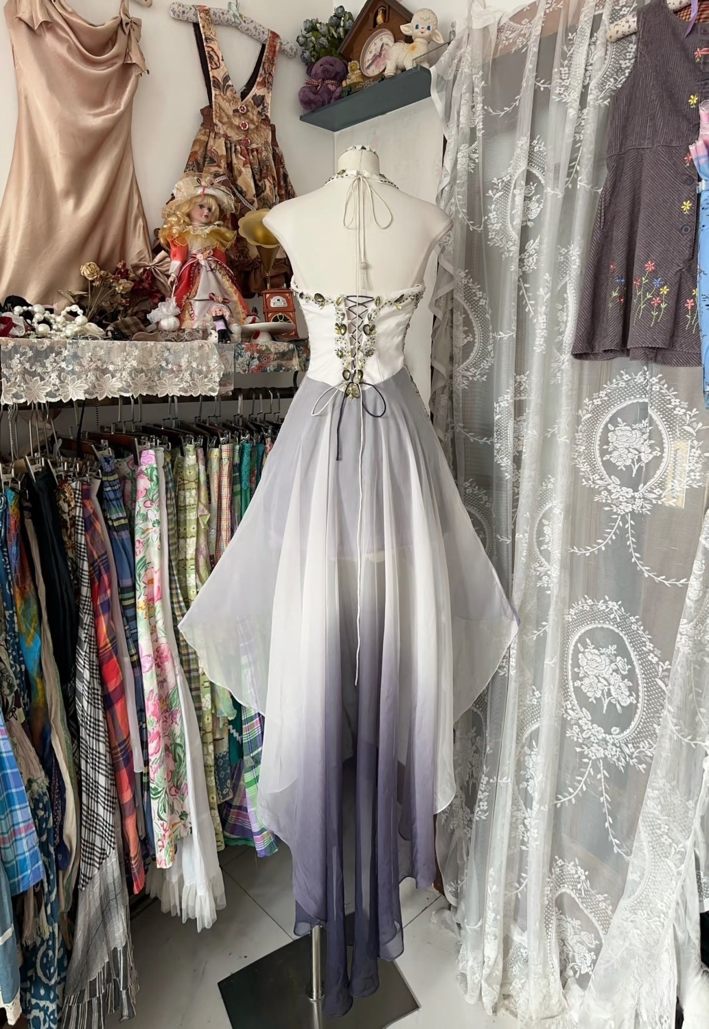 Vintage Fashion High Low Halter Ombre Gray Chiffon Evening Dress Prom Dresses