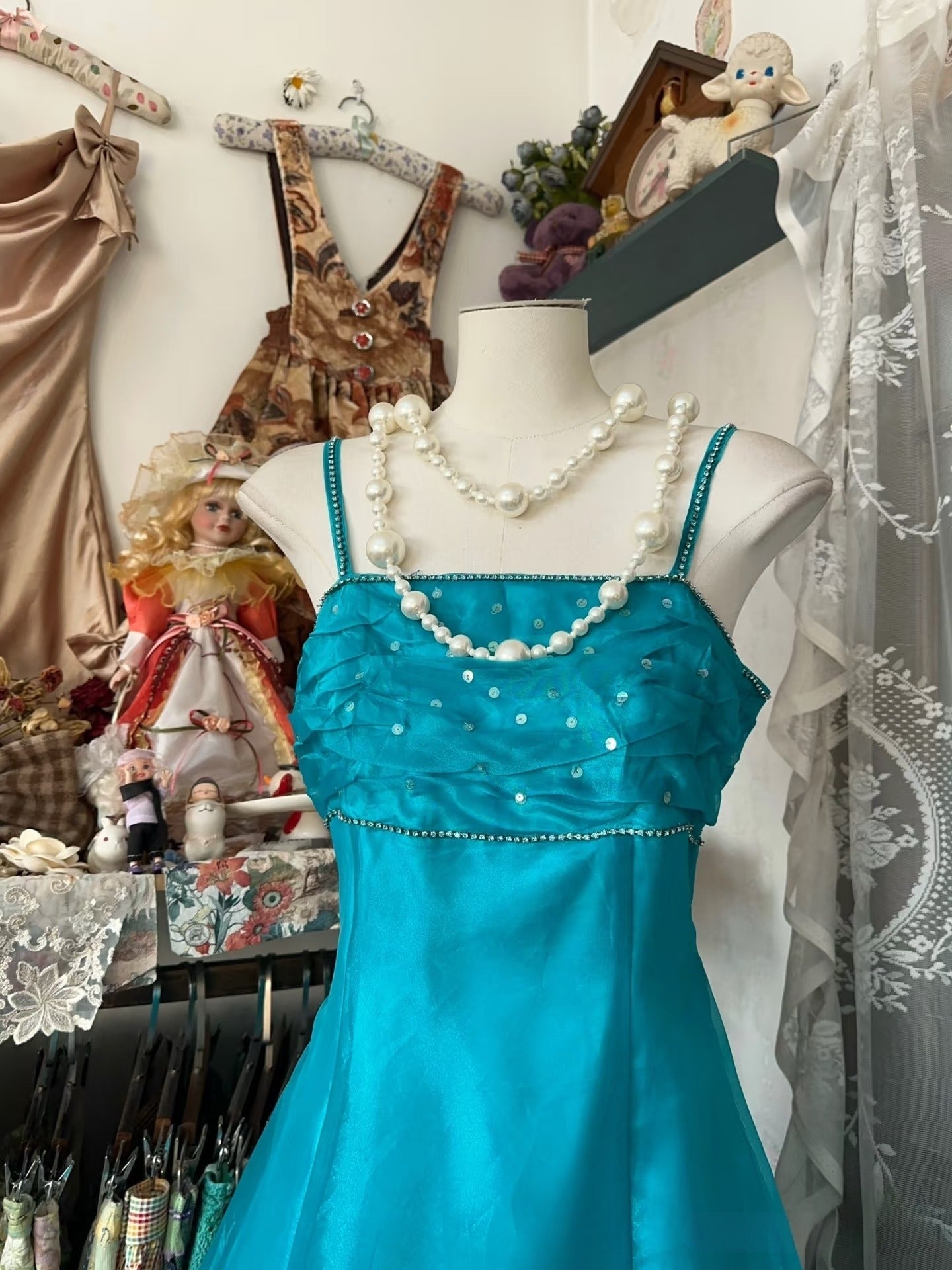Vintage Fashion A line Spaghetti Straps Blue Floor Length Evening Dress Prom Dresses