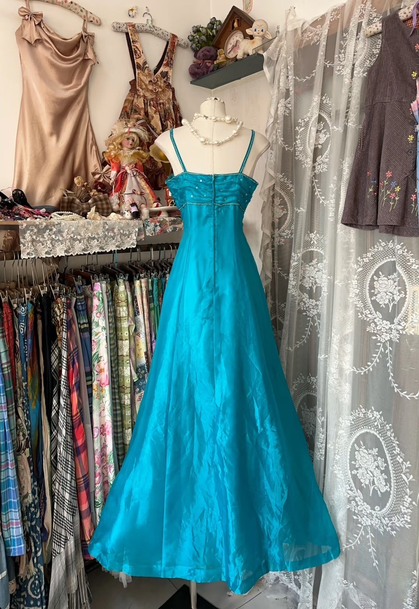 Vintage Fashion A line Spaghetti Straps Blue Floor Length Evening Dress Prom Dresses