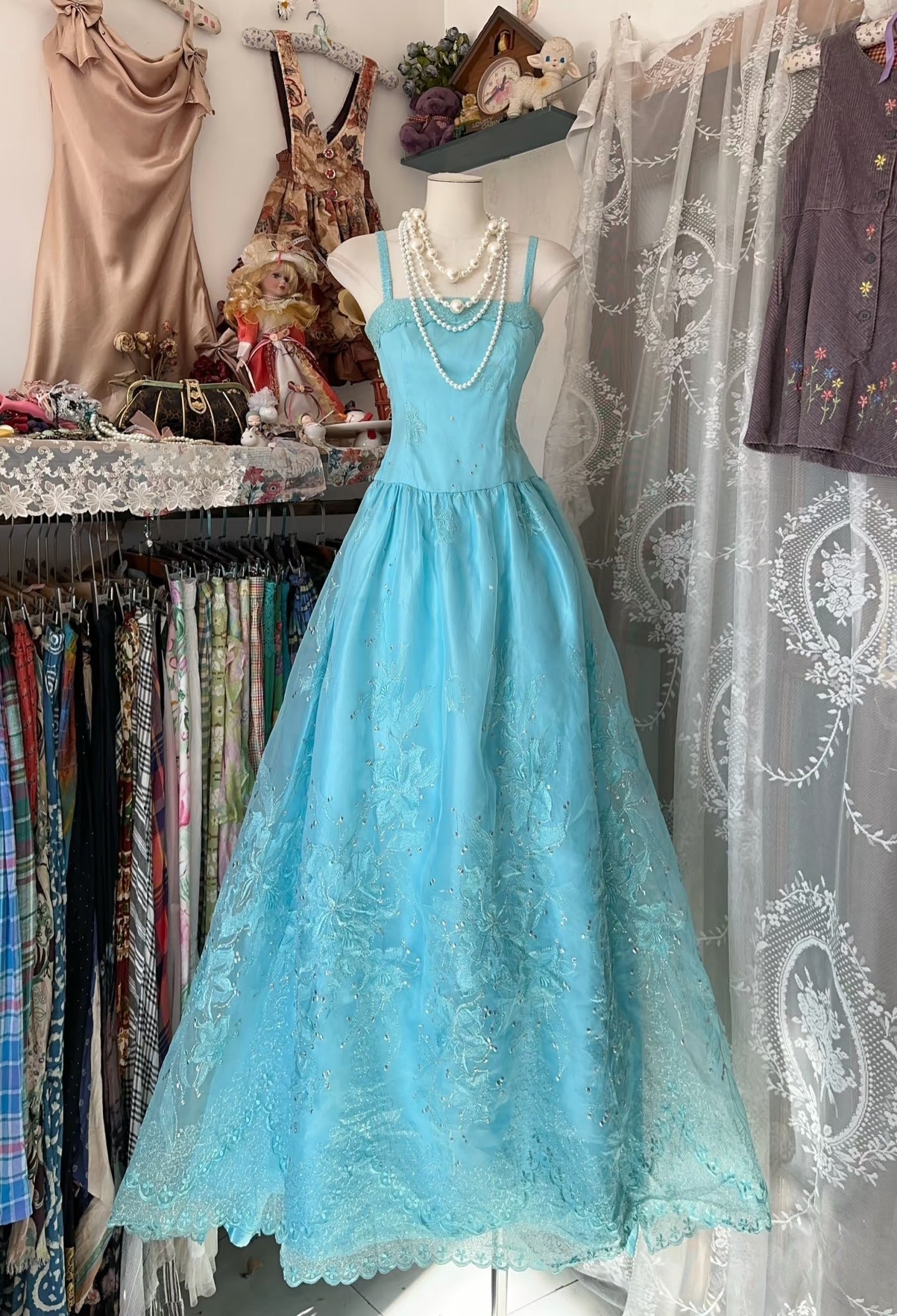 Vintage Fashion A line Spaghetti Straps Light Blue Floor Length Evening Dress Prom Dresses