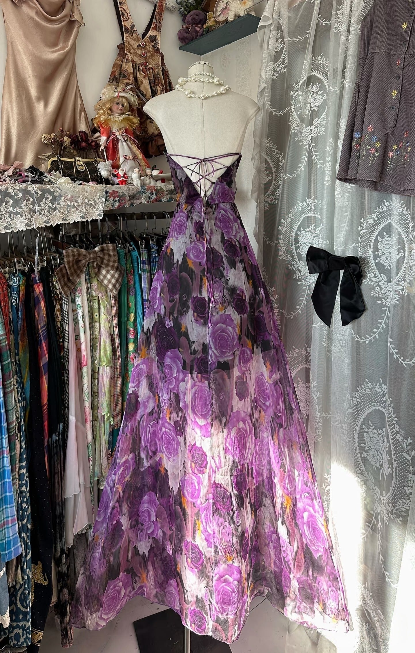 Vintage A line Sleeveless Long Floral Chiffon Evening Dress Prom Dresses