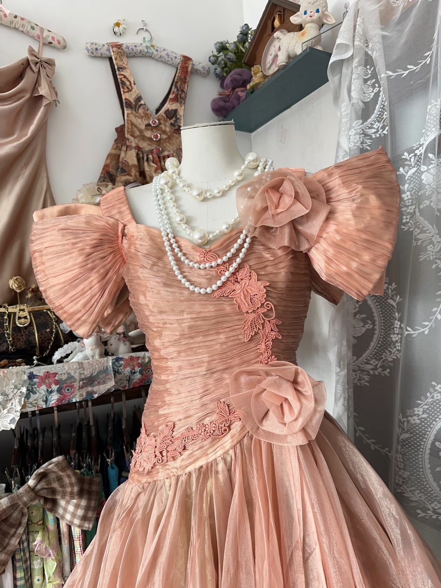 Vintage High Low Short Sleeves Flowers Evening Dress Prom Dresses