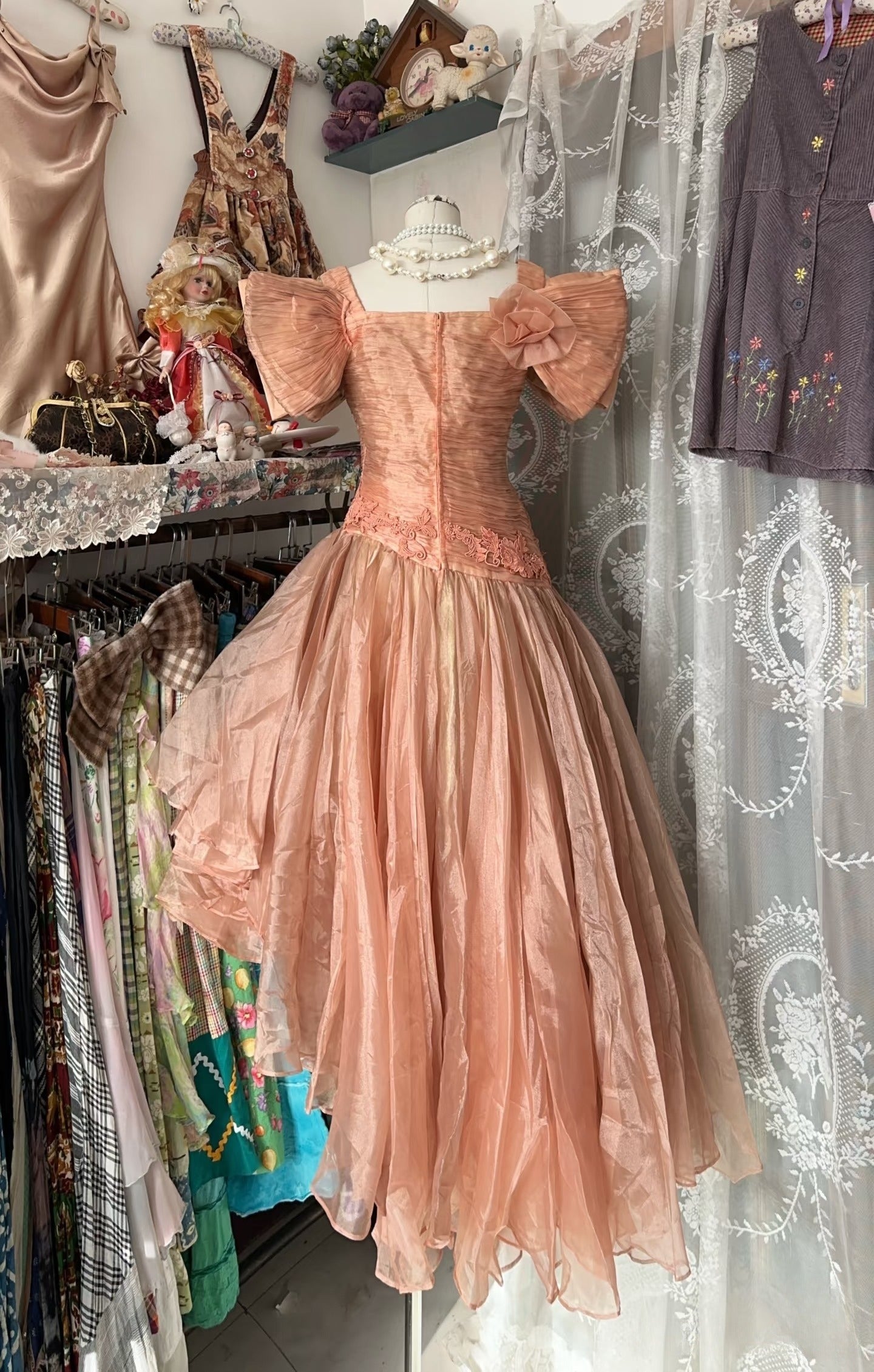 Vintage High Low Short Sleeves Flowers Evening Dress Prom Dresses