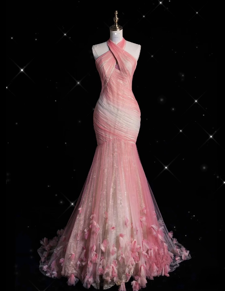 Vintage Fashion Mermaid Halter Pink Tulle Floor Length Evening Dress Prom Dresses