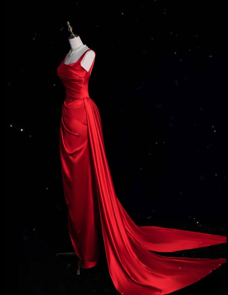 Vintage Fashion Sheath Straps Red Satin Floor Length Evening Dress Prom Dresses