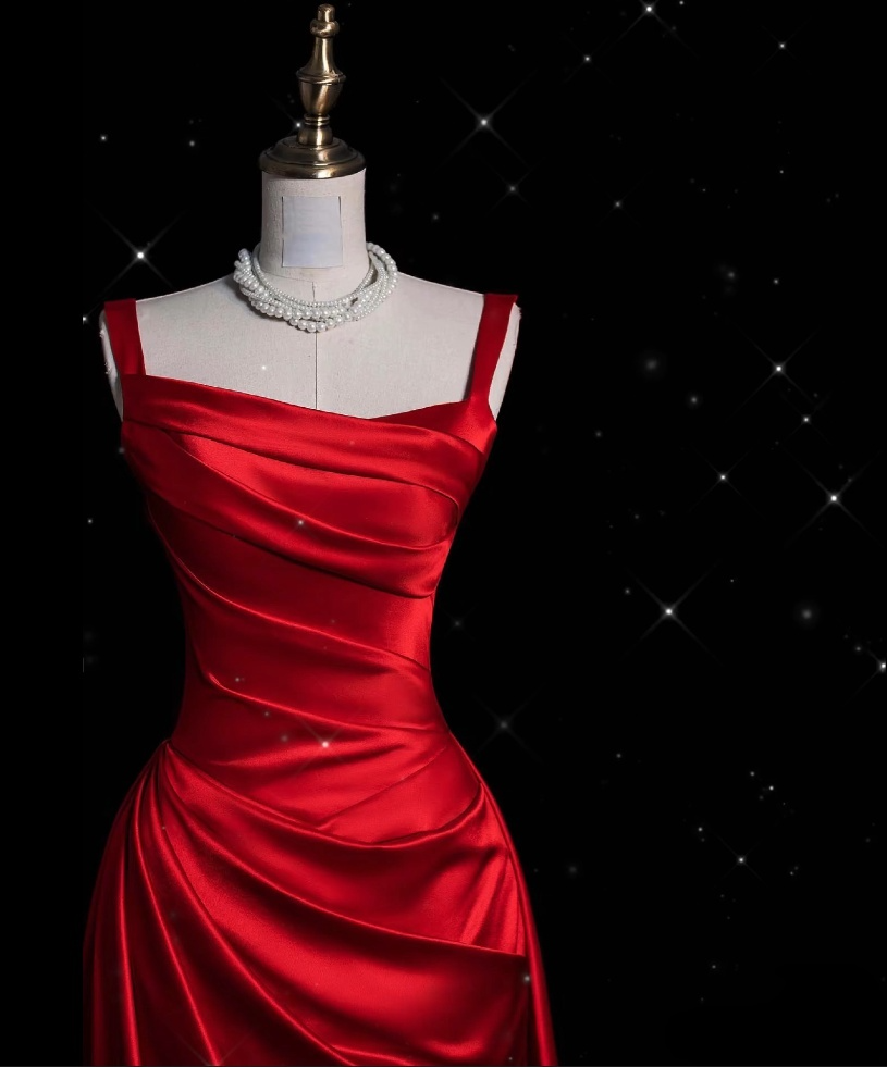 Vintage Fashion Sheath Straps Red Satin Floor Length Evening Dress Prom Dresses