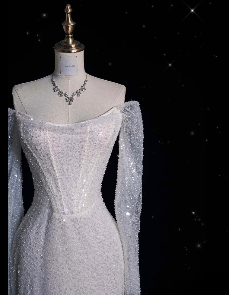 Unique Mermaid Off The Shoulder Long Sleeves Wedding Dresses Sequin Brides Dress