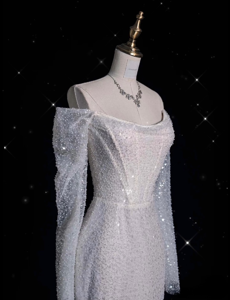 Unique Mermaid Off The Shoulder Long Sleeves Wedding Dresses Sequin Brides Dress