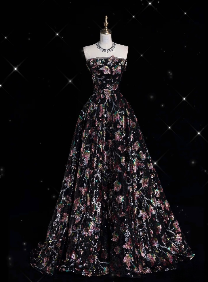 Vintage Fashion Ball Gown Strapless Black Floral Floor Length Evening Dress Prom Dresses