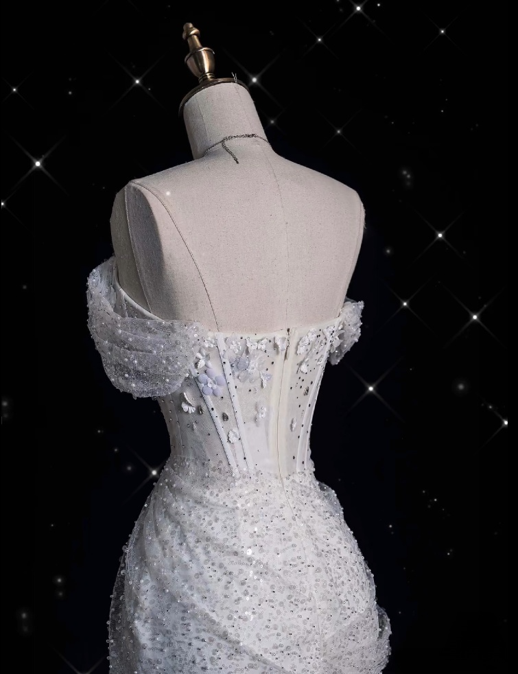 Elegant Mermaid Off The Shoulder Sequin Long White Wedding Dresses