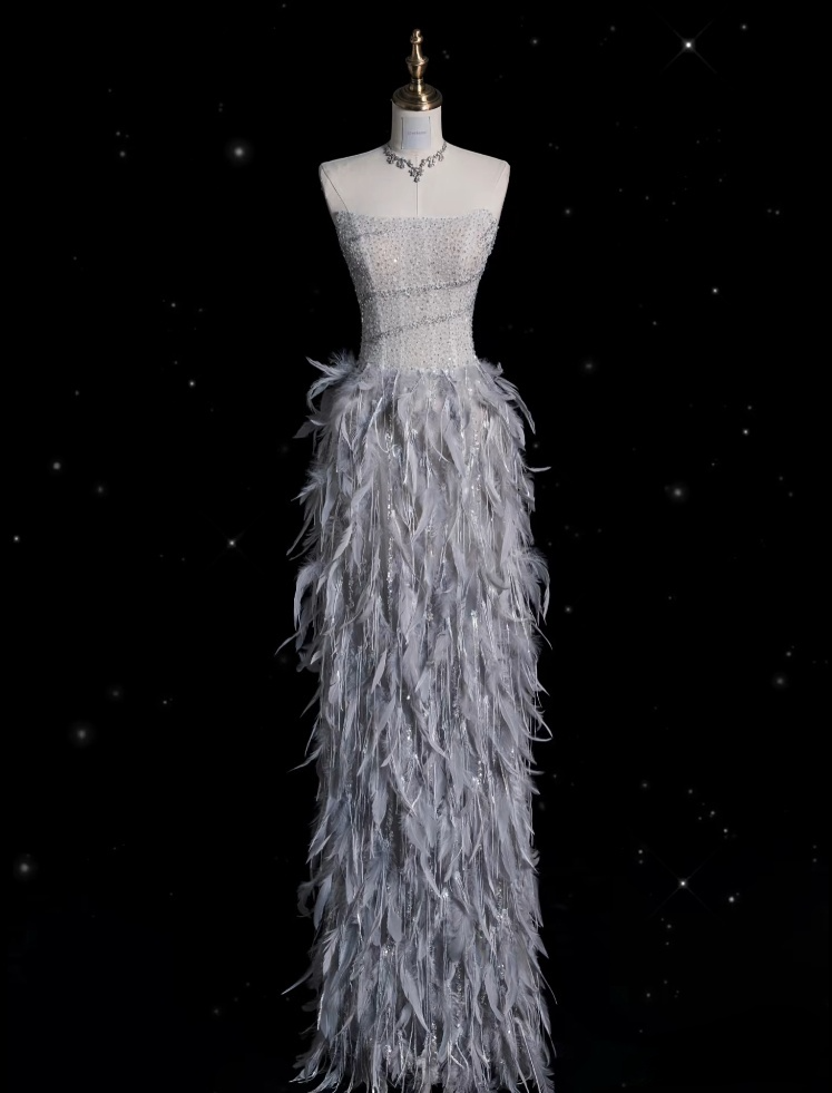Classy Mermaid Strapless Feathers Floor Length Evening Dress Gray Prom Dresses