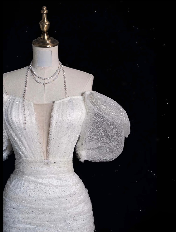 Unique Sheath Off The Shoulder Sequin Short Sleeves White Wedding Dresses Brides Dress
