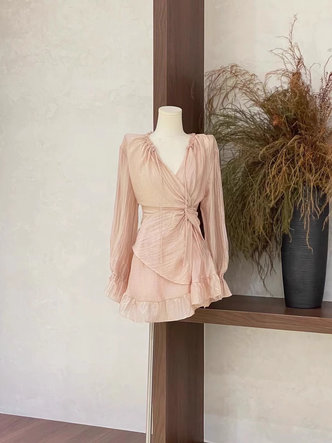 Cute 2 Pieces Ruffled Long Sleeves Pink Women's Short Vacation Dresses