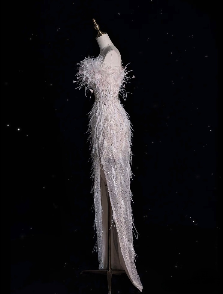 Classy Mermaid Strapless Feathers Floor Length Evening Dress Sequin Prom Dresses
