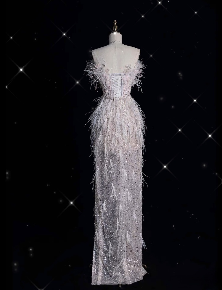 Classy Mermaid Strapless Feathers Floor Length Evening Dress Sequin Prom Dresses