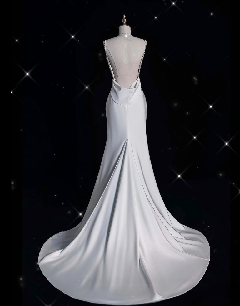 Unique Mermaid Spaghetti Straps Satin White Wedding Dresses Brides Dress