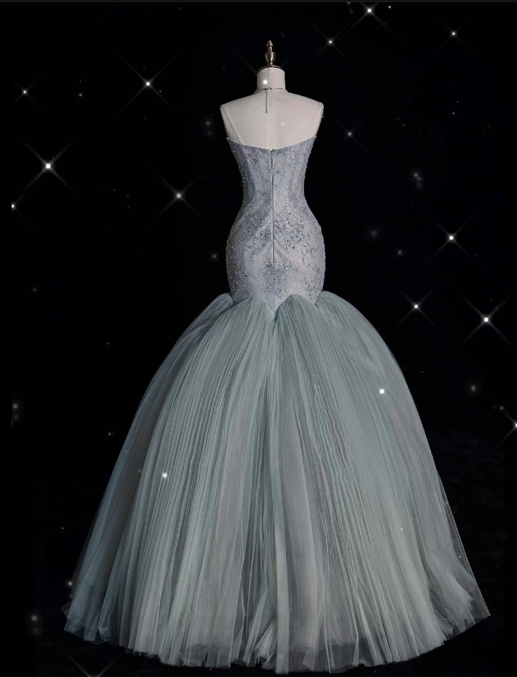 Classy Mermaid Strapless Sage Green Floor Length Evening Dress Tulle Prom Dresses