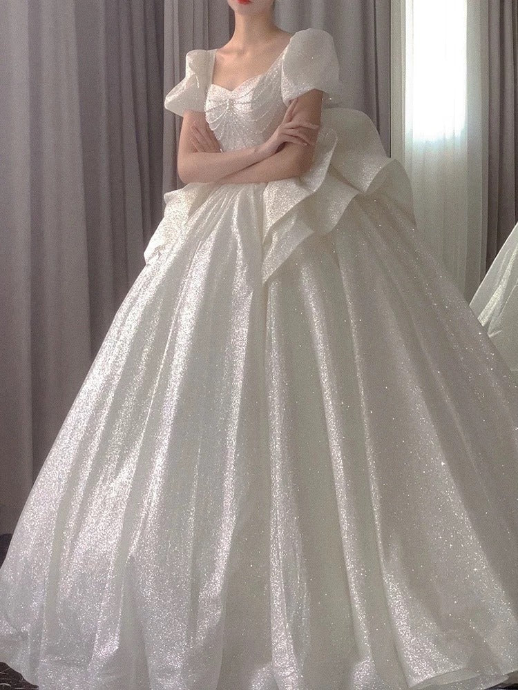 Unique Ball Gown Square Neckline Short Sleeves Sequin White Wedding Dresses Brides Dress