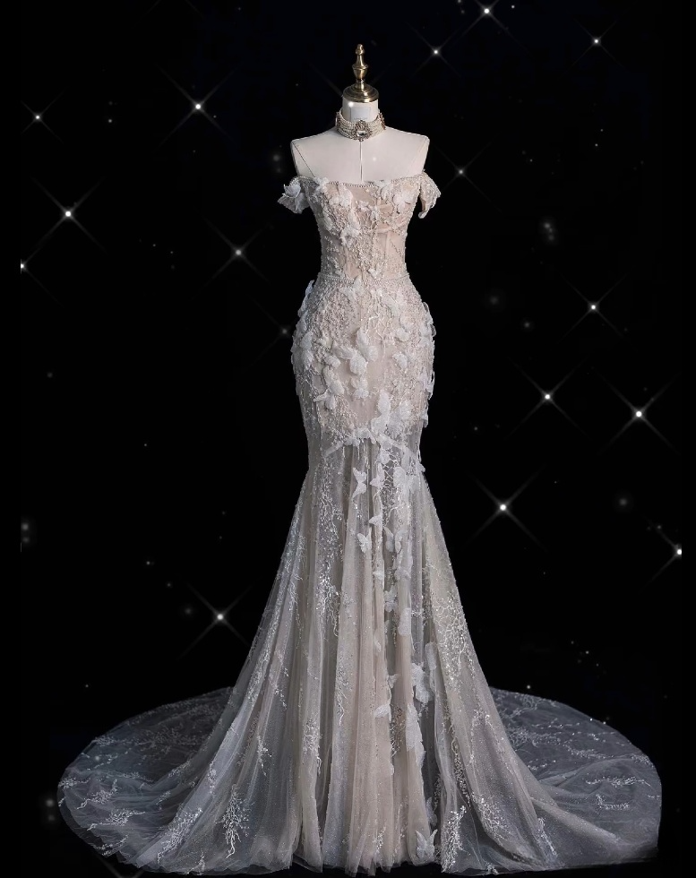 Unique Mermaid Off The Shoulder Sequin Short Sleeves Wedding Dresses Brides Dress