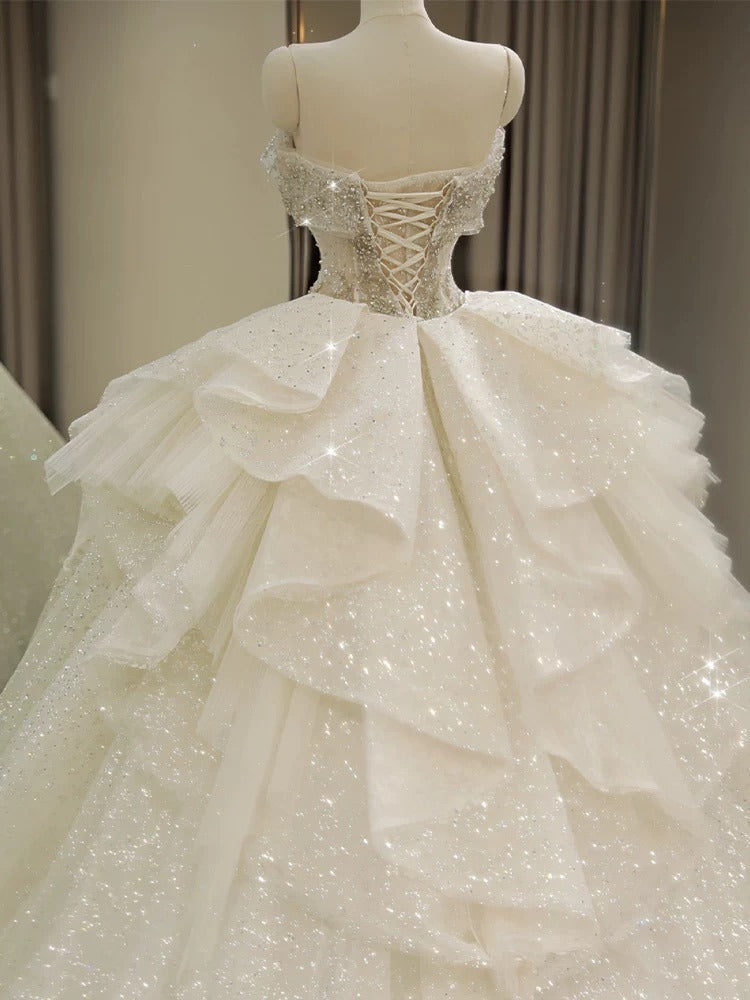 Unique Ball Gown Off The Shoulder Sequin Short Sleeves White Wedding Dresses Brides Dress