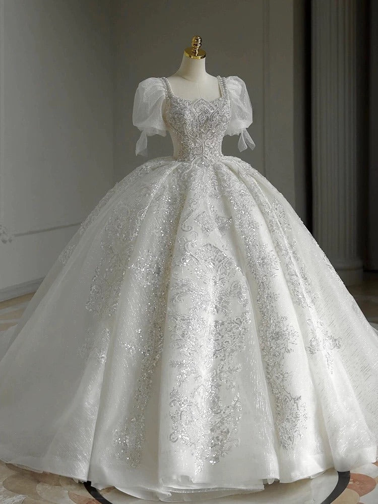 Pretty Ball Gown Square Neckline Short Sleeves Sequin White Wedding Dresses Brides Dress
